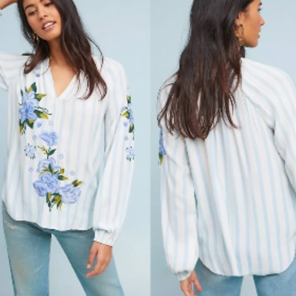 Anthropologie Akemi + Kin Striped Embroidered Ruffle Neck Blouse
